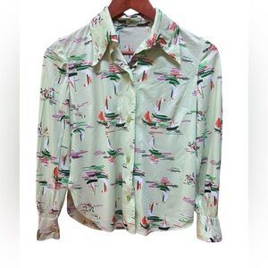 1970s Poly Sailboats Print‎ Dagger Collar Front-Button Down Shirt
